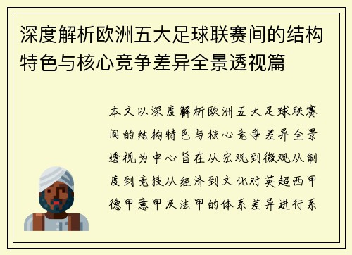 深度解析欧洲五大足球联赛间的结构特色与核心竞争差异全景透视篇