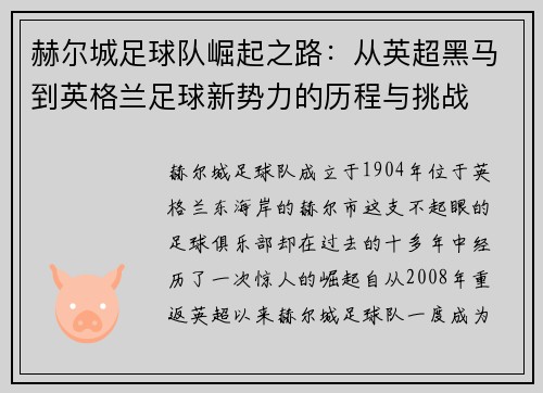 赫尔城足球队崛起之路:从英超黑马到英格兰足球新势力的历程与挑战 赫尔城足球队崛起之路:从英超黑马到英格兰足球新势力的历程与挑战